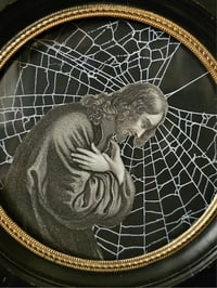 Image 2 of "Christ praying in the garden" 1800's bible page with preserved spider web 