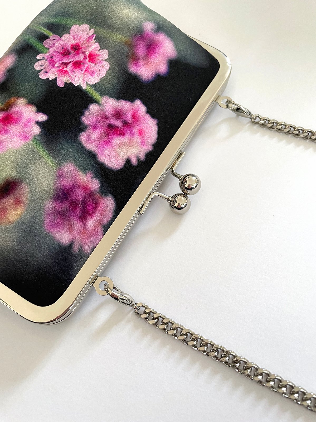 Thrift flowers, silk clutch bag with optional chain handle | Red