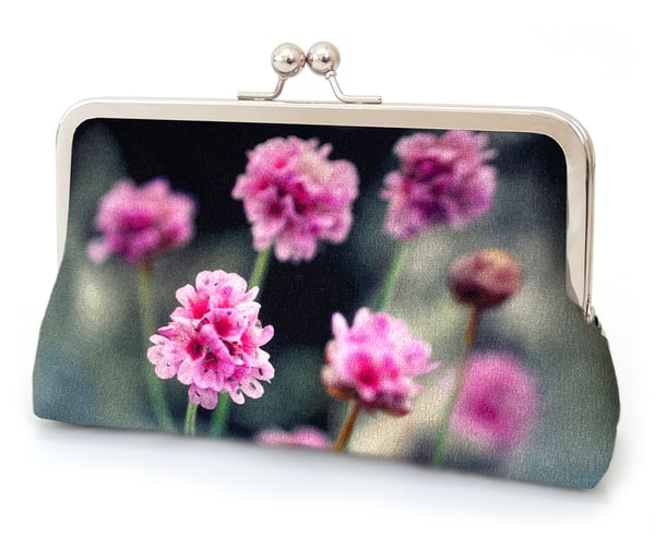 Image of Thrift flowers, printed silk clutch bag with chain handle