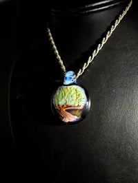 Image 2 of Bonsai tree pendant backed with galaxy, moonstone bale.