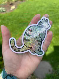 Image 2 of Grey Tabby Cat Pooper Sticker (Large) - 🌈 Glitter