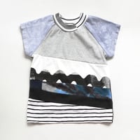 Image 1 of squiggle gray blue tiedye patchwork stripe baseball sleeve 6/7 courtneycourtney tee shirt unisex top