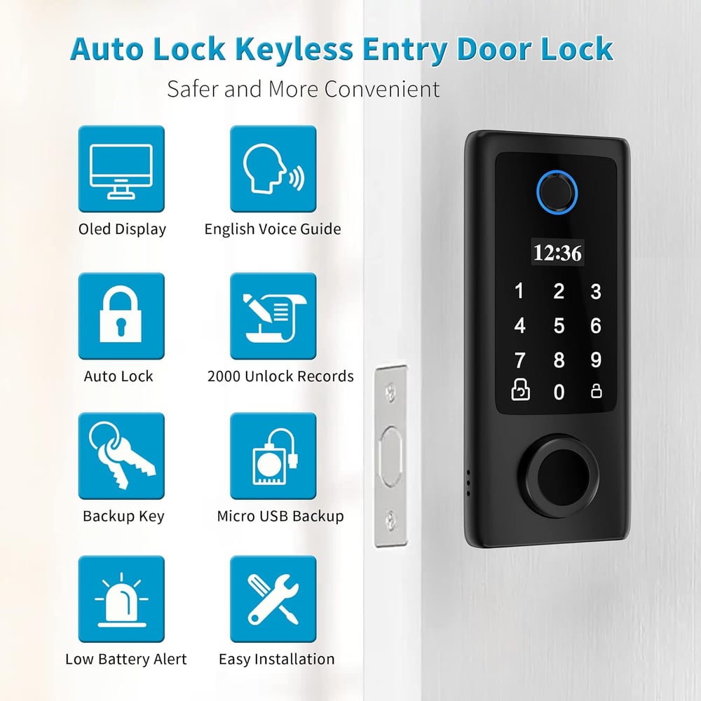 Smart Fingerprint Door Lock | Keypad, OLED, Auto Lock, DIY Install, Black, 300 Users