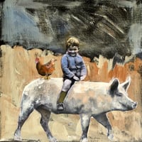 nostalgic  vintage boy on his pig art print 