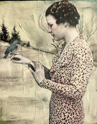 Bird in hand vintage woman art print 