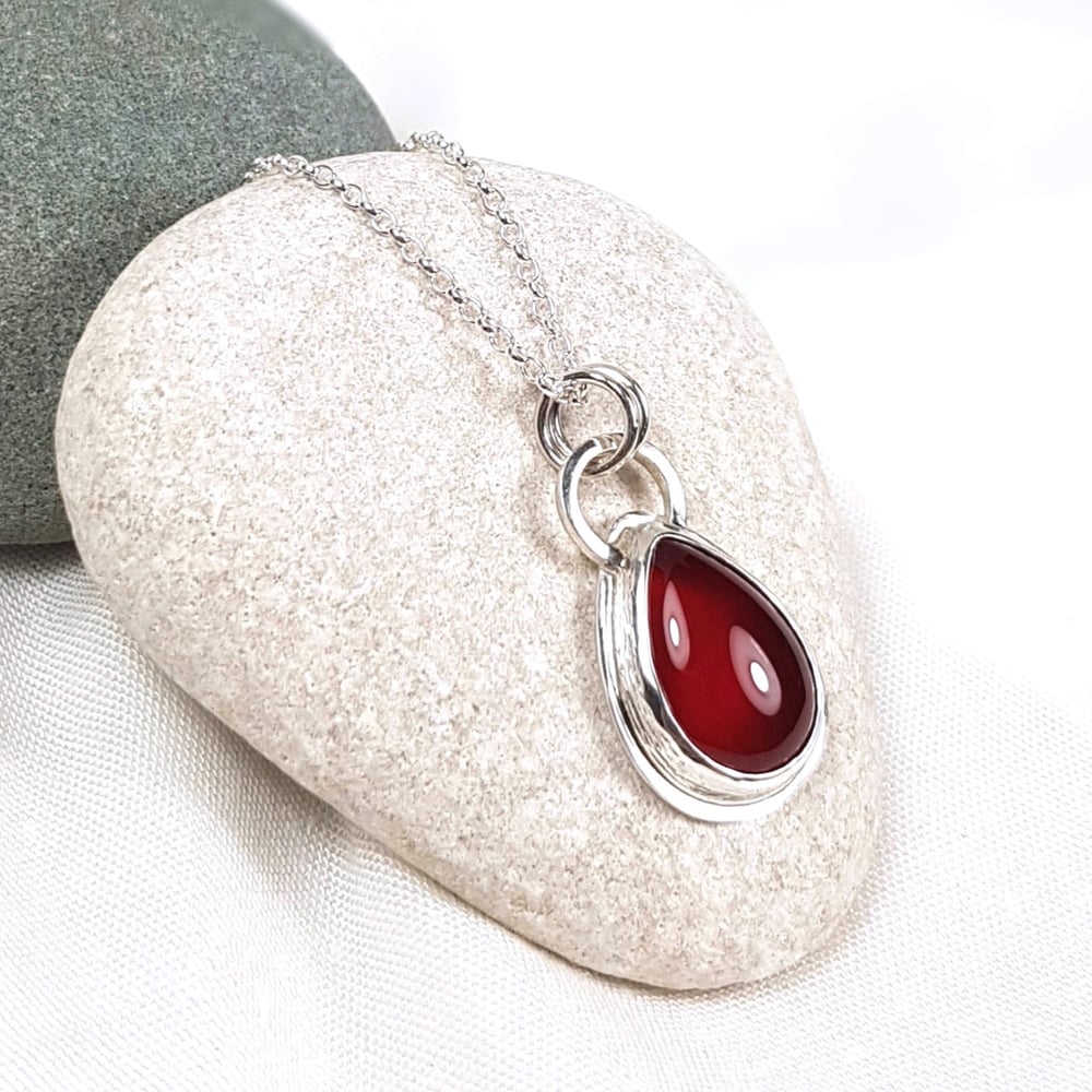 Image of Sterling Silver Carnelian Pendant, Teardrop Necklace with Red Carnelian