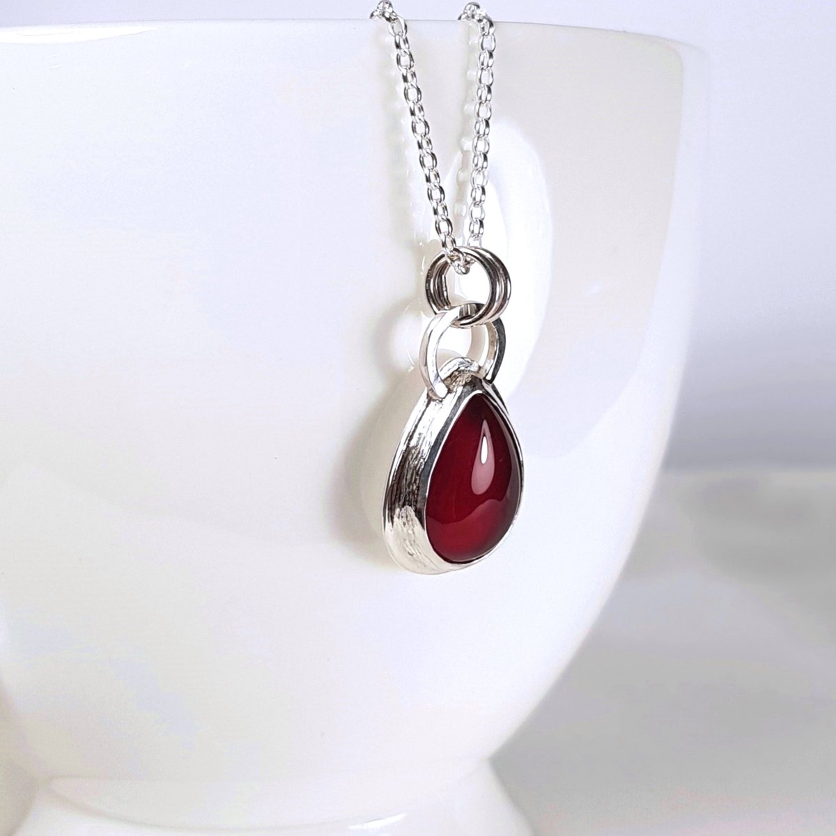 Image of Sterling Silver Carnelian Pendant, Teardrop Necklace with Red Carnelian