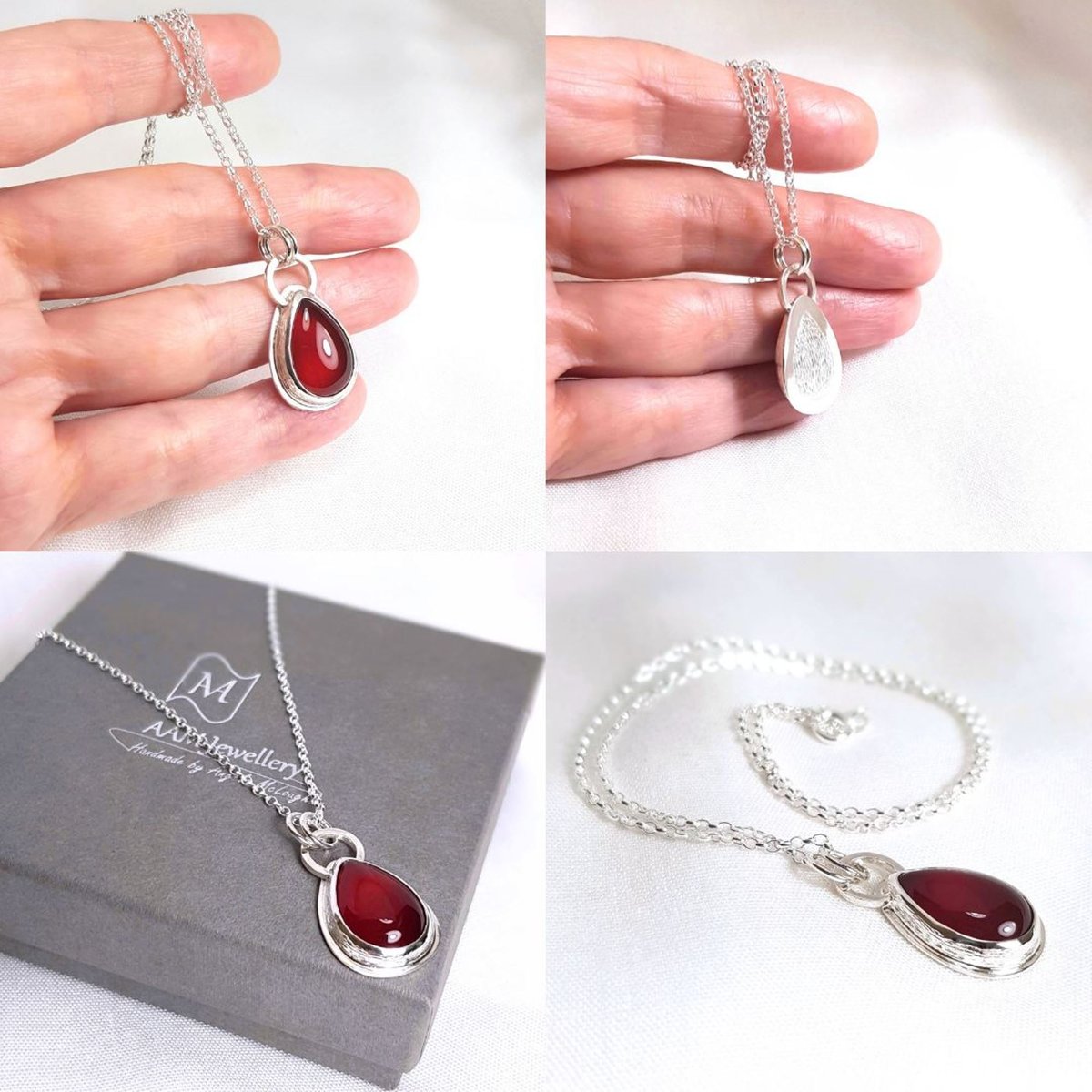 Image of Sterling Silver Carnelian Pendant, Teardrop Necklace with Red Carnelian