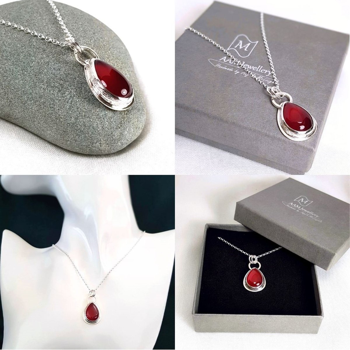 Image of Sterling Silver Carnelian Pendant, Teardrop Necklace with Red Carnelian
