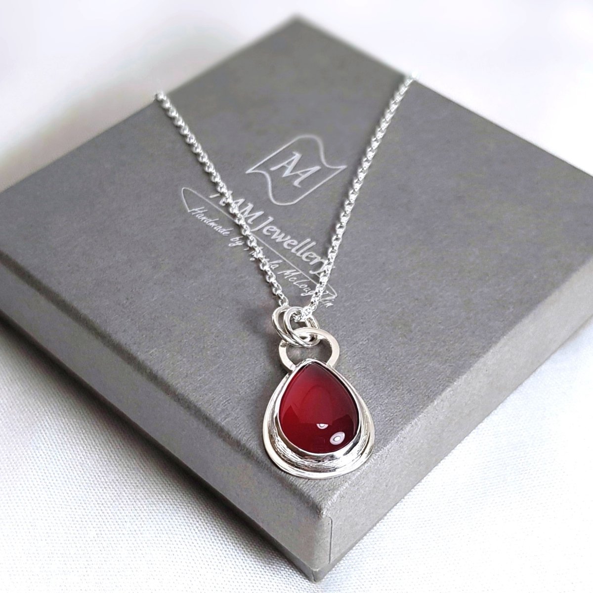 Image of Sterling Silver Carnelian Pendant, Teardrop Necklace with Red Carnelian