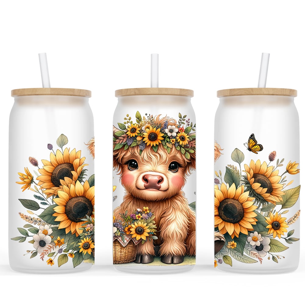 Image of Sunflower Cow 16oz Glass Cup🐮🌻