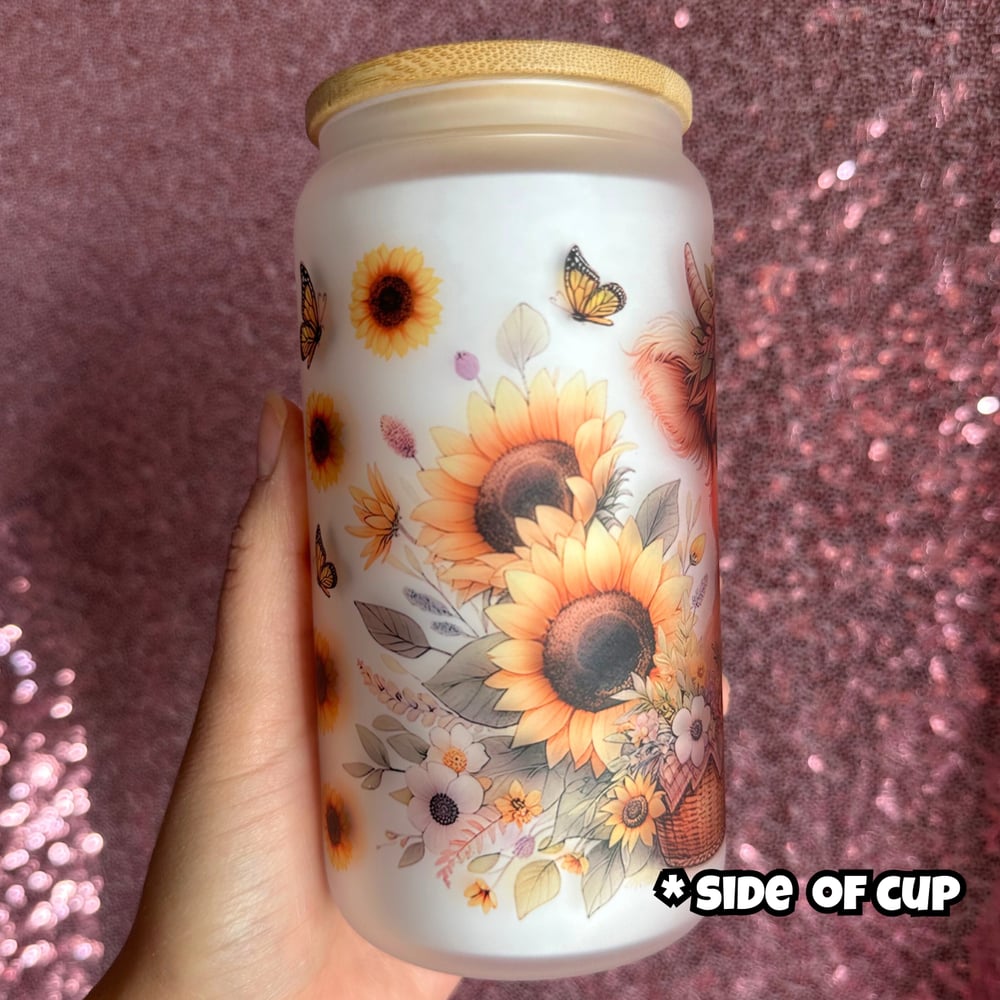 Image of Sunflower Cow 16oz Glass Cup🐮🌻