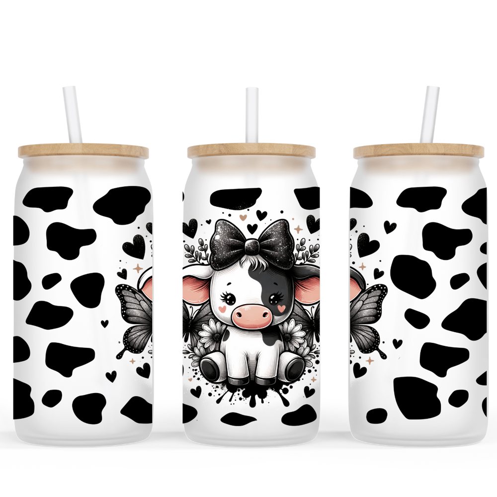 Image of Cow & Butterfly 16oz Cow Glass Cup🐮🖤