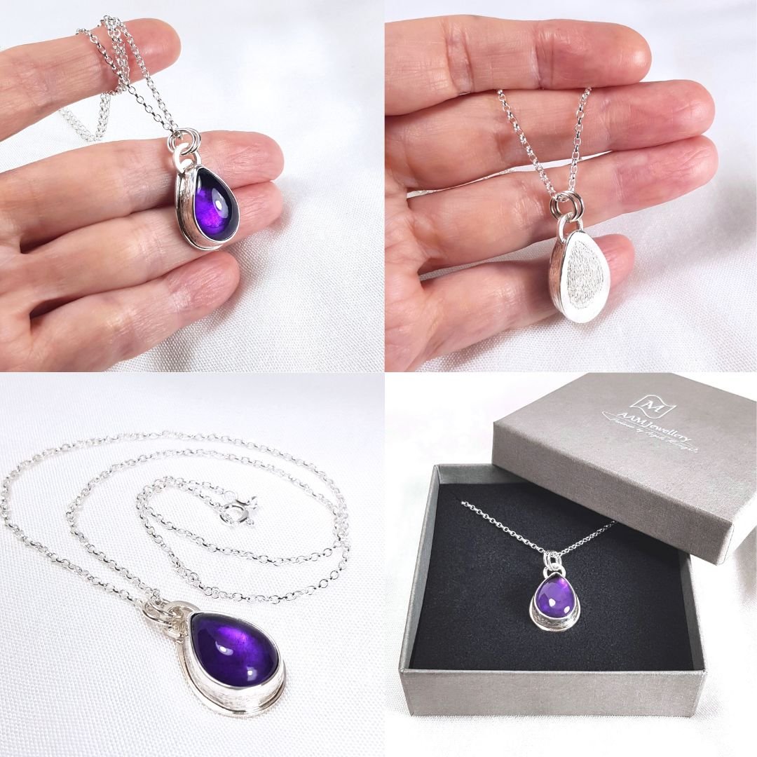 Image of Amethyst Pendant Necklace, Sterling Silver Teardrop Necklace, February Birthstone