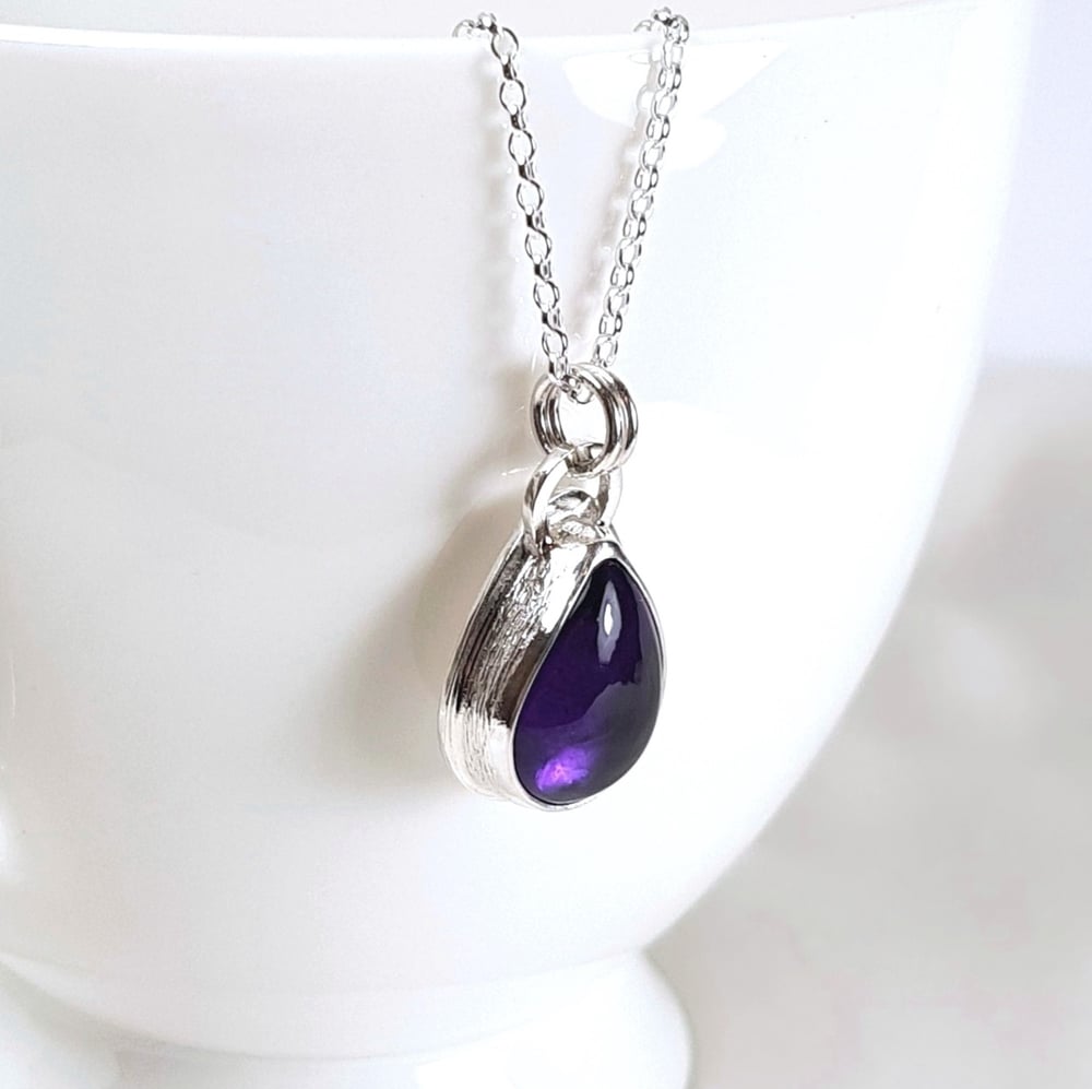 Image of Amethyst Pendant Necklace, Sterling Silver Teardrop Necklace with Purple Amethyst