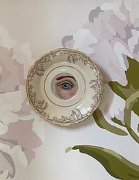 Image 1 of Freckles! Lover's eye oil painting on vintage tea saucer