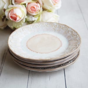 Image of Set of Four Rustic Dessert Dishes in White and Ocher Glaze, Handcrafted Pottery Made in USA