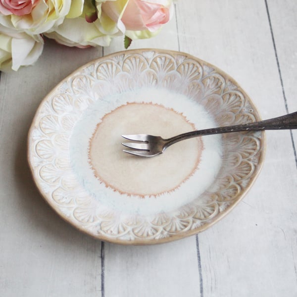 Image of Set of Four Rustic Dessert Dishes in White and Ocher Glaze, Handcrafted Pottery Made in USA