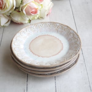 Image of Set of Four Rustic Dessert Dishes in White and Ocher Glaze, Handcrafted Pottery Made in USA