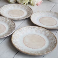 Image 11 of Set of Four Rustic Dessert Dishes in White and Ocher Glaze, Handcrafted Pottery Made in USA