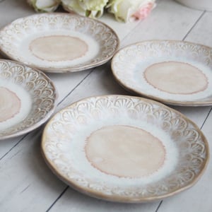 Image of Set of Four Rustic Dessert Dishes in White and Ocher Glaze, Handcrafted Pottery Made in USA