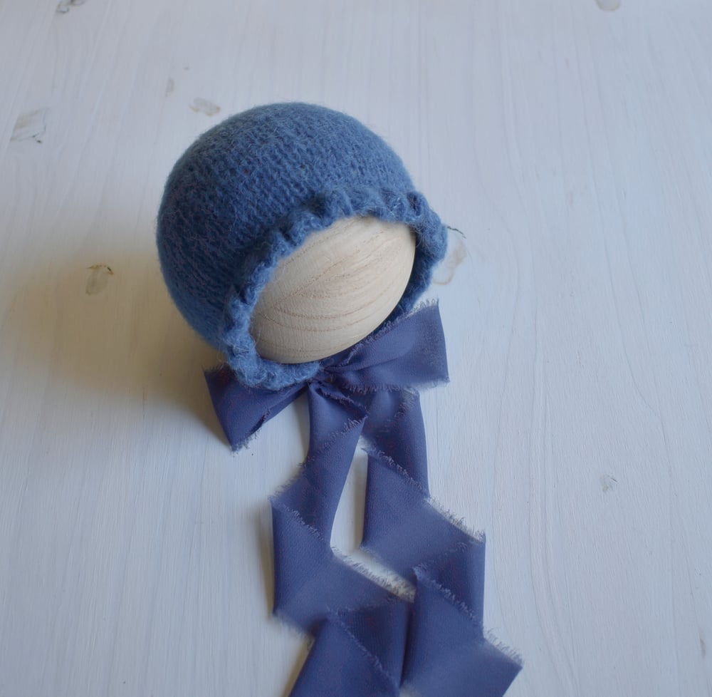 Image of Denim Blue Ruffle Brimmed Bonnet & Wrap