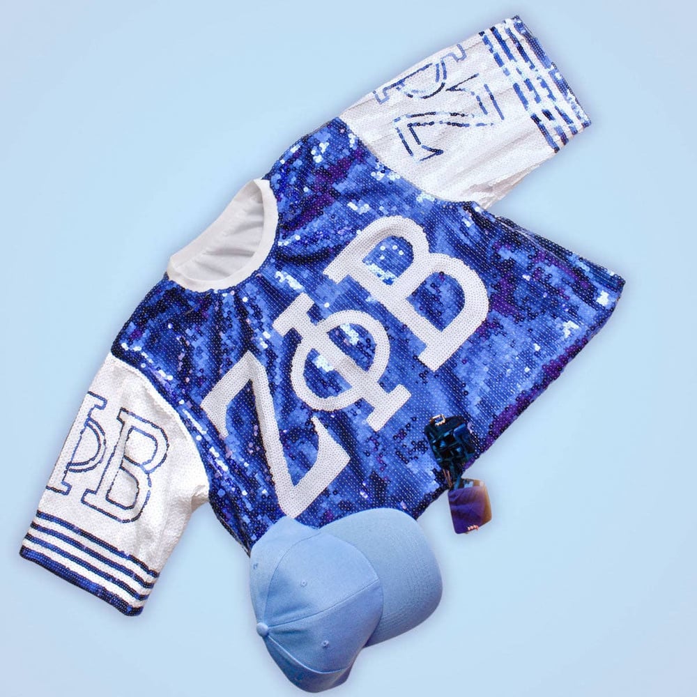 Image of Zpb Sorority Blue and White Sequin Jersey Shirt