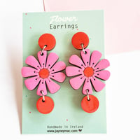 Image 1 of Flower dangle earrings, hand painted wooden statement earrings