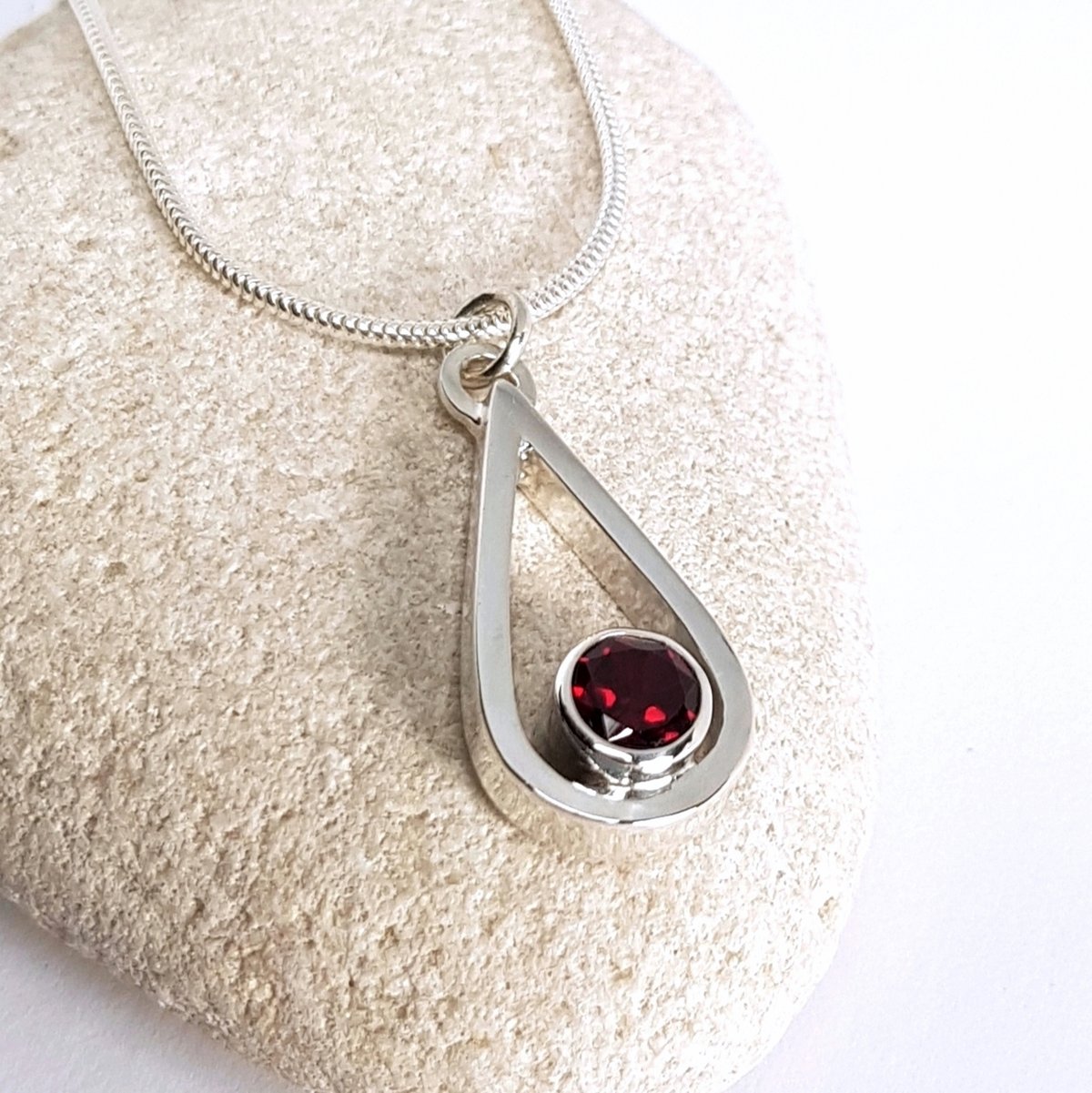 Image of Silver Garnet Necklace, Handmade Sterling Silver Teardrop Pendant with Garnet Gemstone