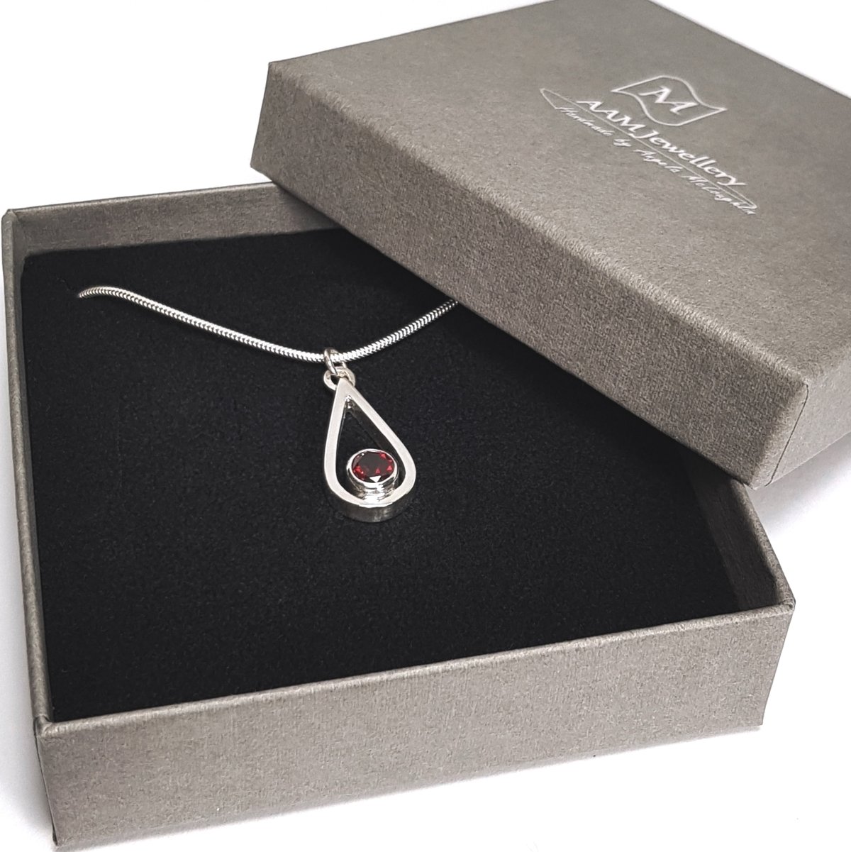 Image of Silver Garnet Necklace, Handmade Sterling Silver Teardrop Pendant with Garnet Gemstone