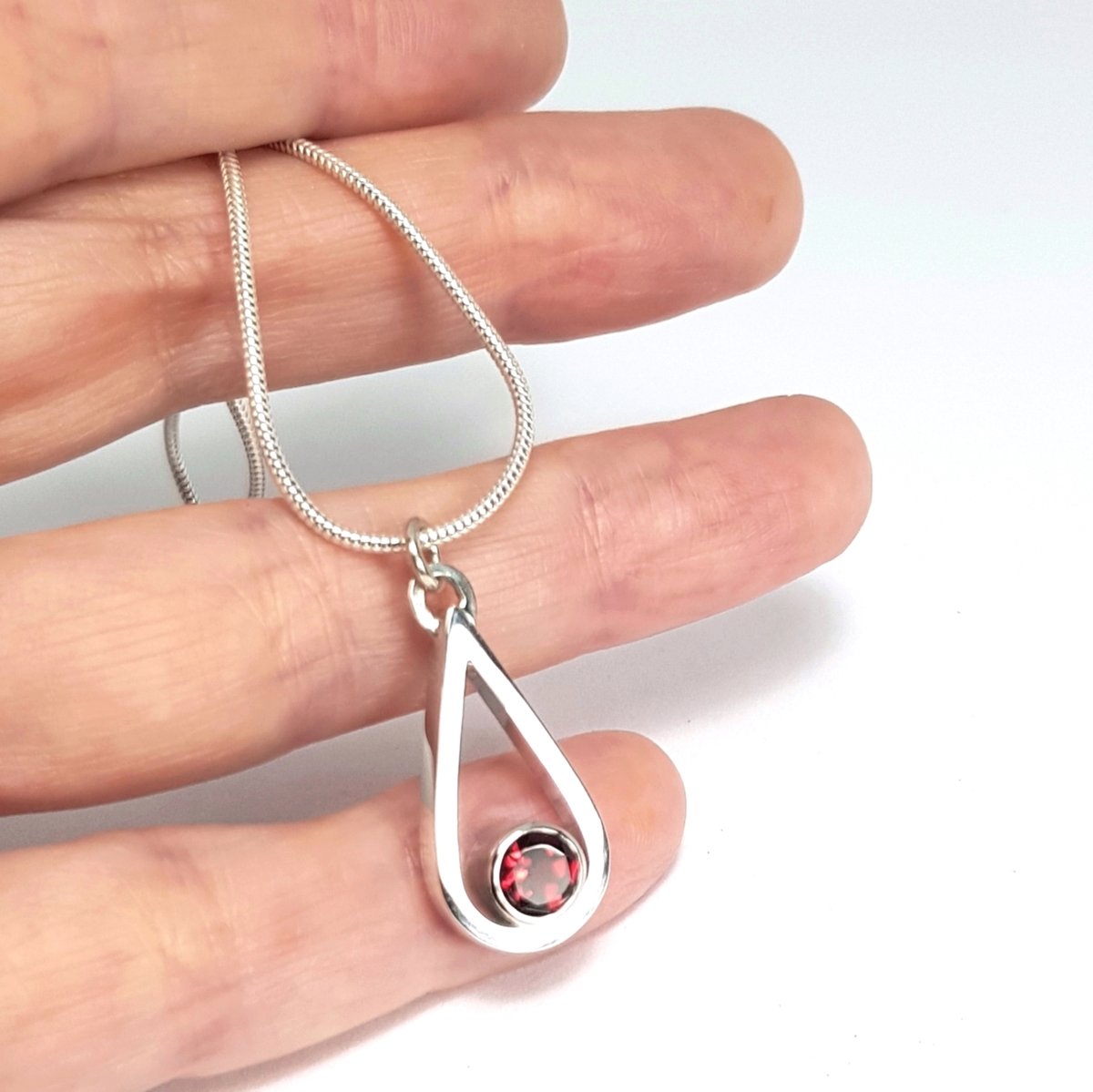 Image of Silver Garnet Necklace, Handmade Sterling Silver Teardrop Pendant with Garnet Gemstone