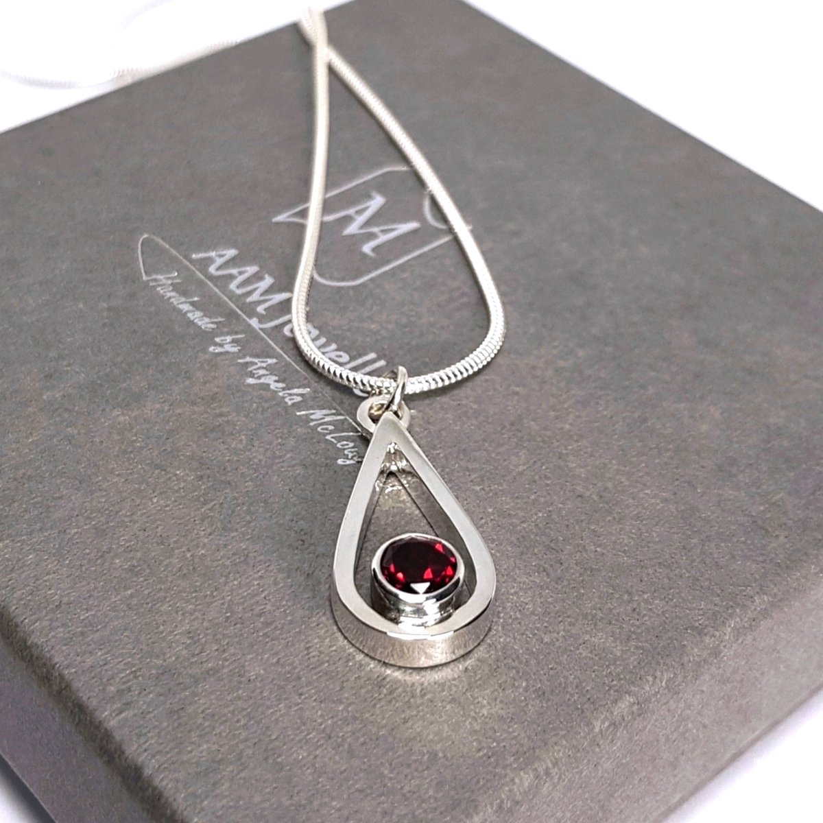 Image of Silver Garnet Necklace, Handmade Sterling Silver Teardrop Pendant with Garnet Gemstone