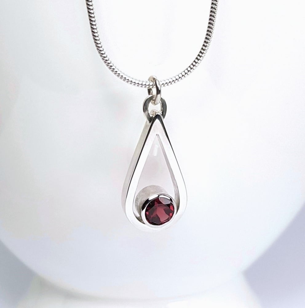 Image of Silver Garnet Necklace, Handmade Sterling Silver Teardrop Pendant with Garnet Gemstone