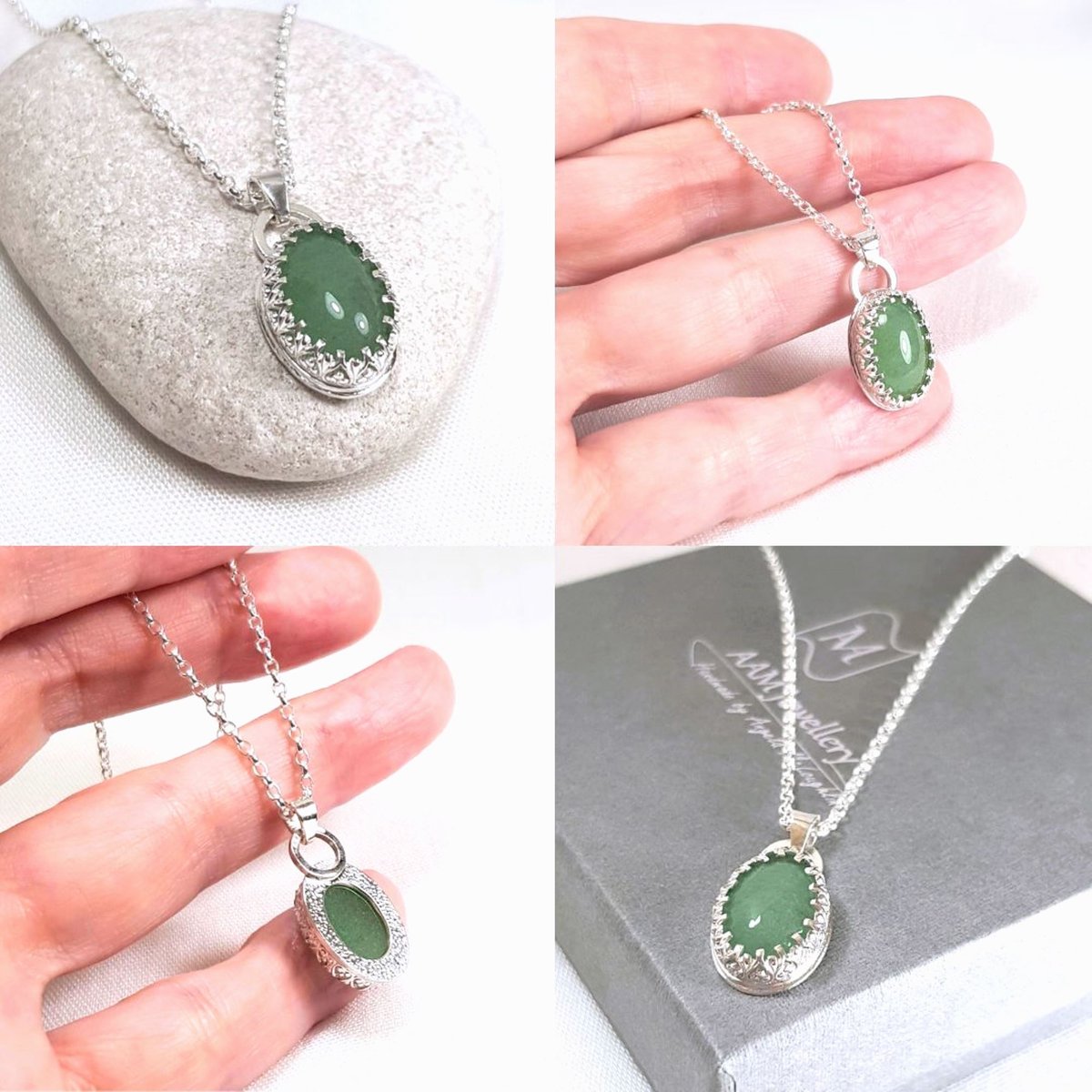 Image of Sterling Silver Aventurine Pendant, Green Gemstone Necklace, Handmade Sustainable Jewellery UK