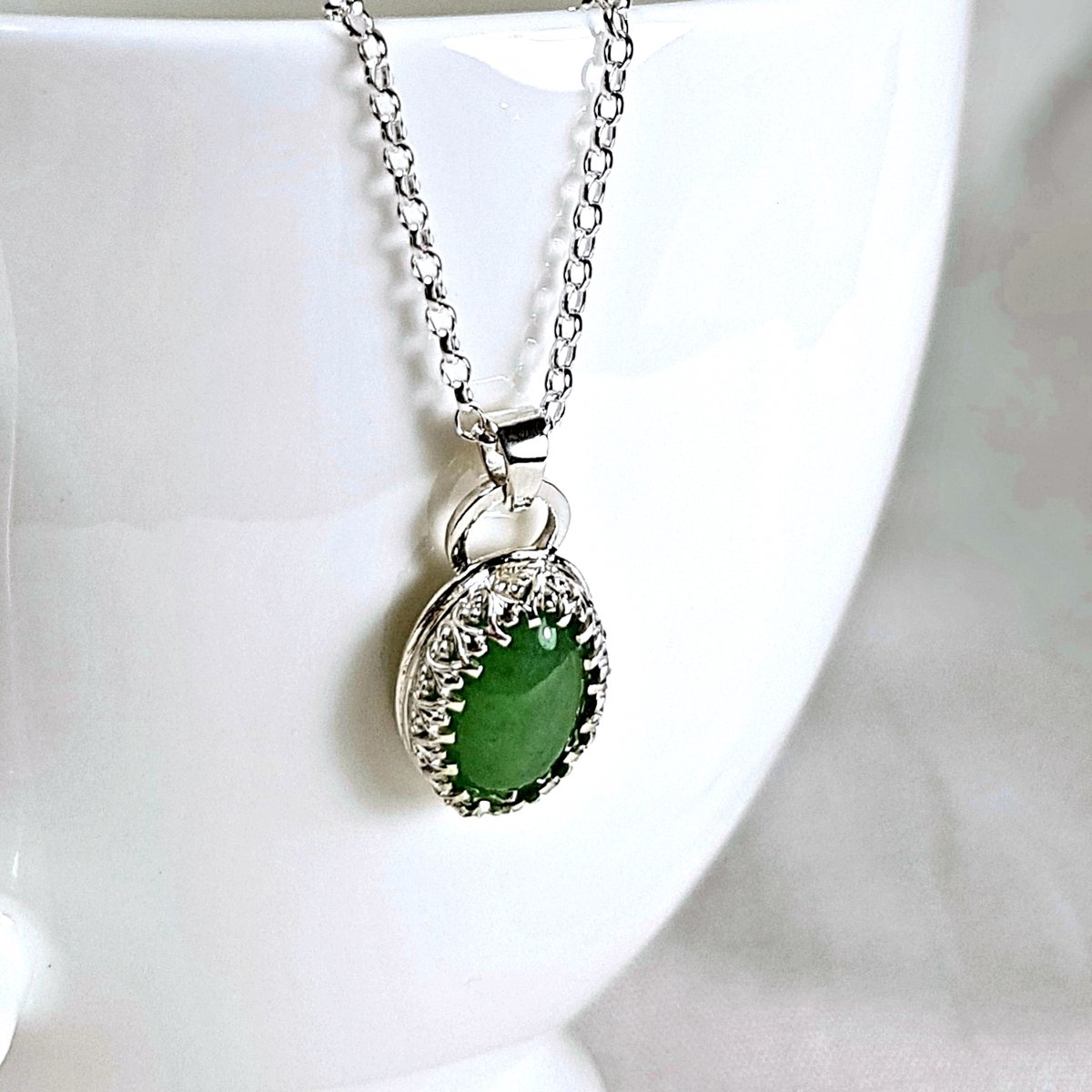 Image of Sterling Silver Aventurine Pendant, Green Gemstone Necklace, Handmade Sustainable Jewellery UK