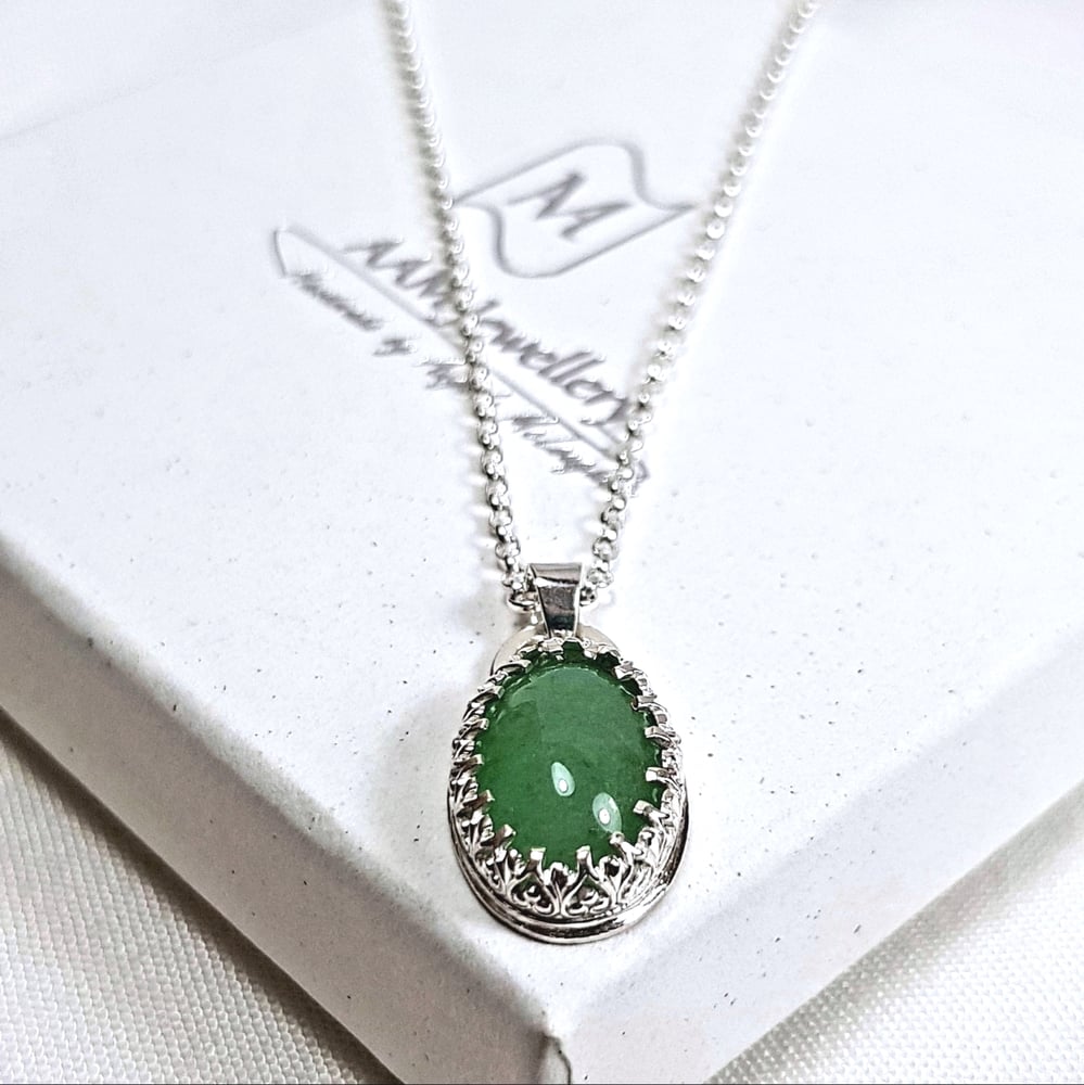 Image of Sterling Silver Aventurine Pendant, Green Gemstone Necklace,  Handmade Sustainable Jewellery UK