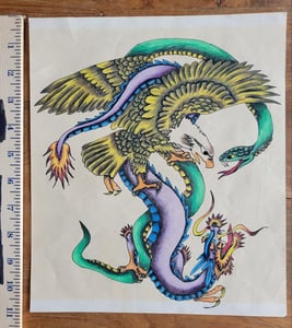 Image of original hand colored battle royale black dragon tattoo shop tattoo flash 9x11"