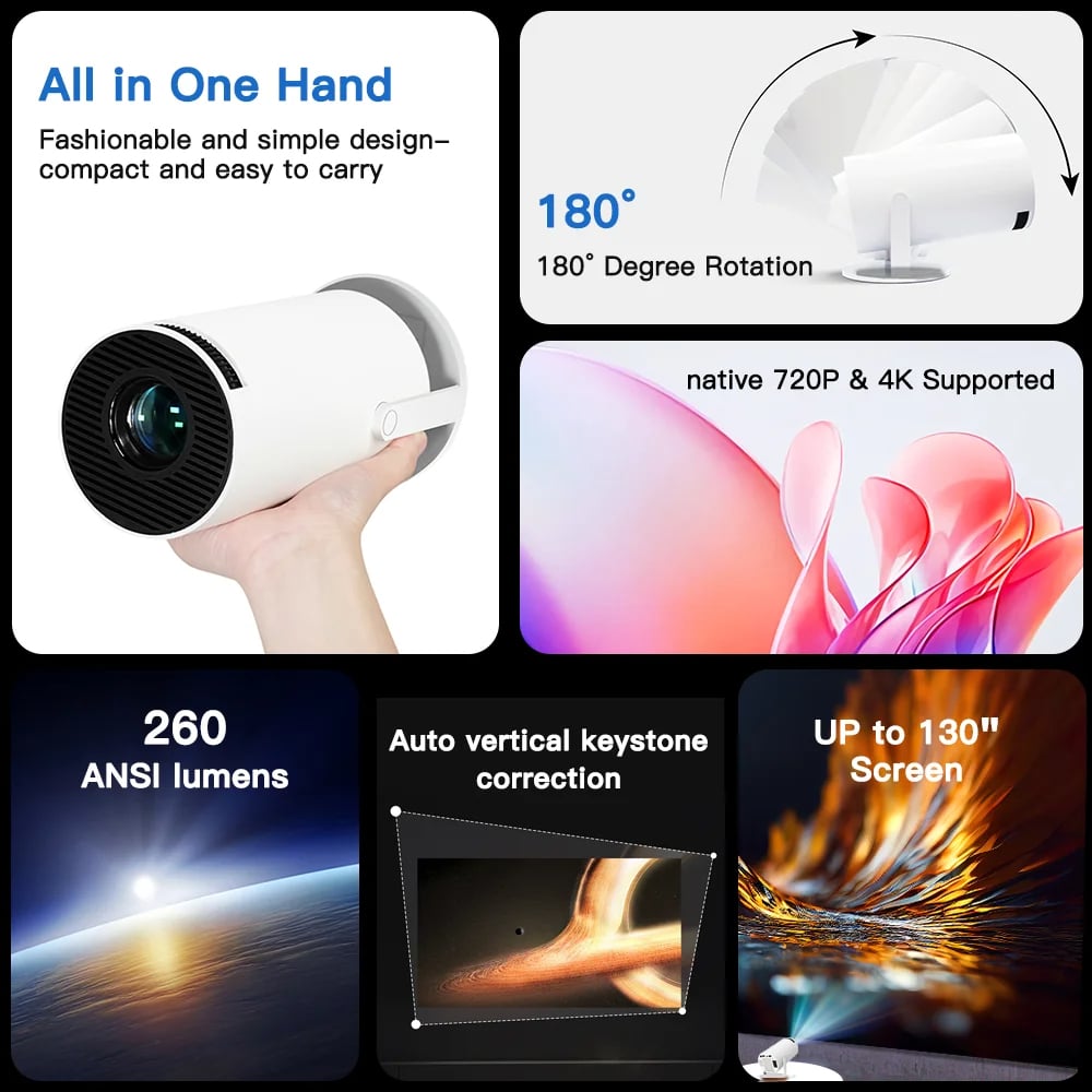 MSL PRO Mini Projector LYNCAST 4K 180 'rotation HD Android 11 WiFi6 BT5.0 260ANSI 1080P Cinema Out