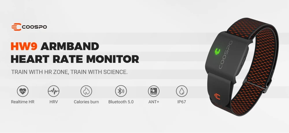 COOSPO HW9 Armband Heart Rate Monitor - HR Zones, Calories, BLE5.0, ANT+