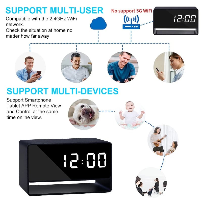 Alarm Clock Mini Camera 1080P HD WiFi IR Night Vision Motion Detection