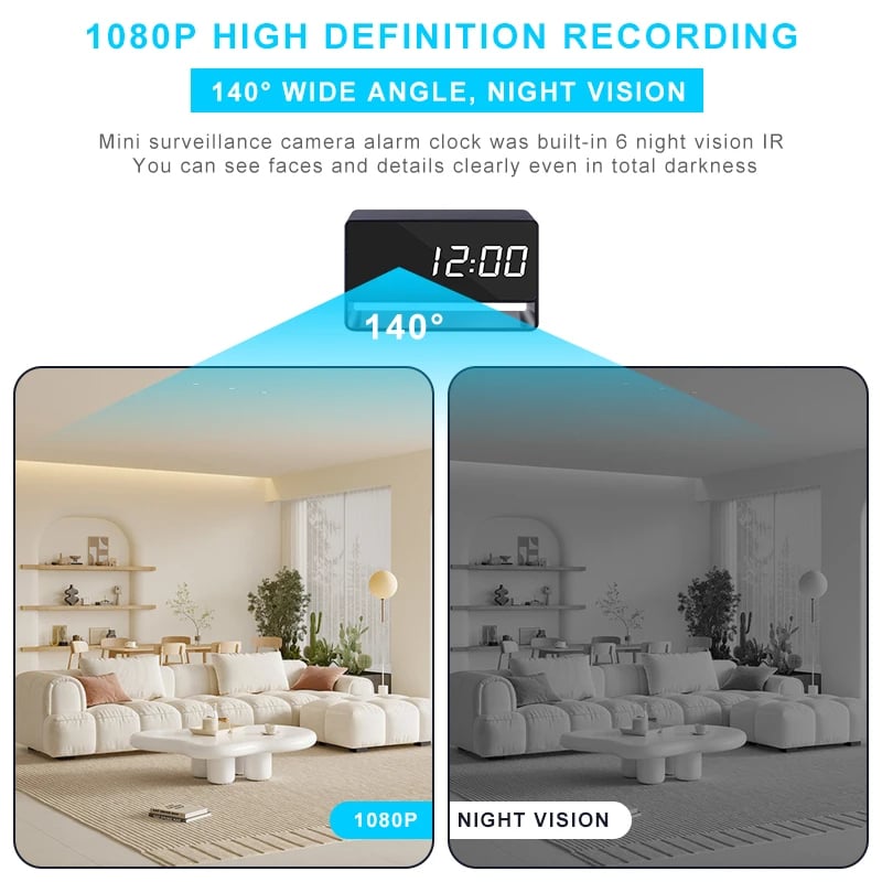 Alarm Clock Mini Camera 1080P HD WiFi IR Night Vision Motion Detection