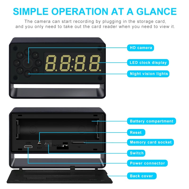 Alarm Clock Mini Camera 1080P HD WiFi IR Night Vision Motion Detection