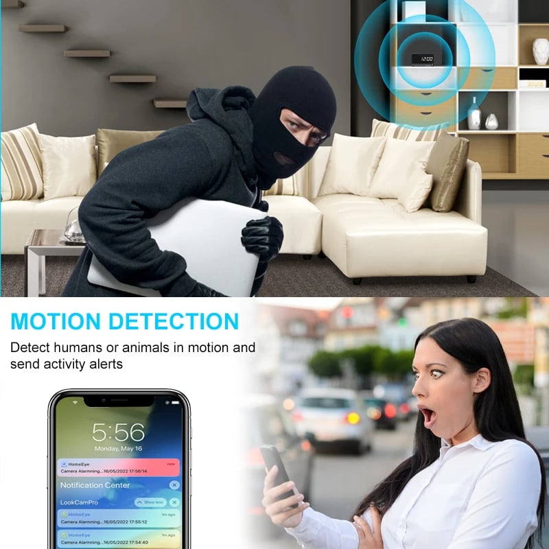 Alarm Clock Mini Camera 1080P HD WiFi IR Night Vision Motion Detection