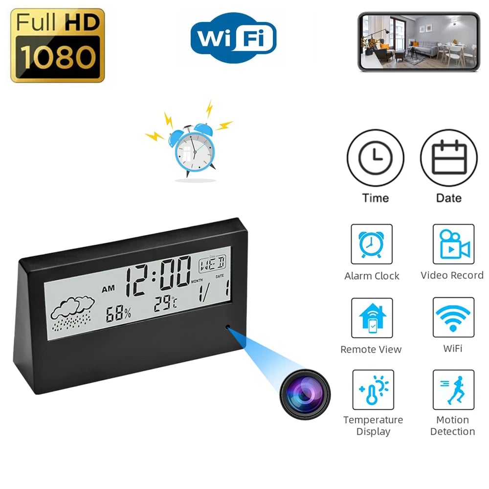 HD 1080P Wifi Alarm Clock Camera With Temperature Humidity Monitor