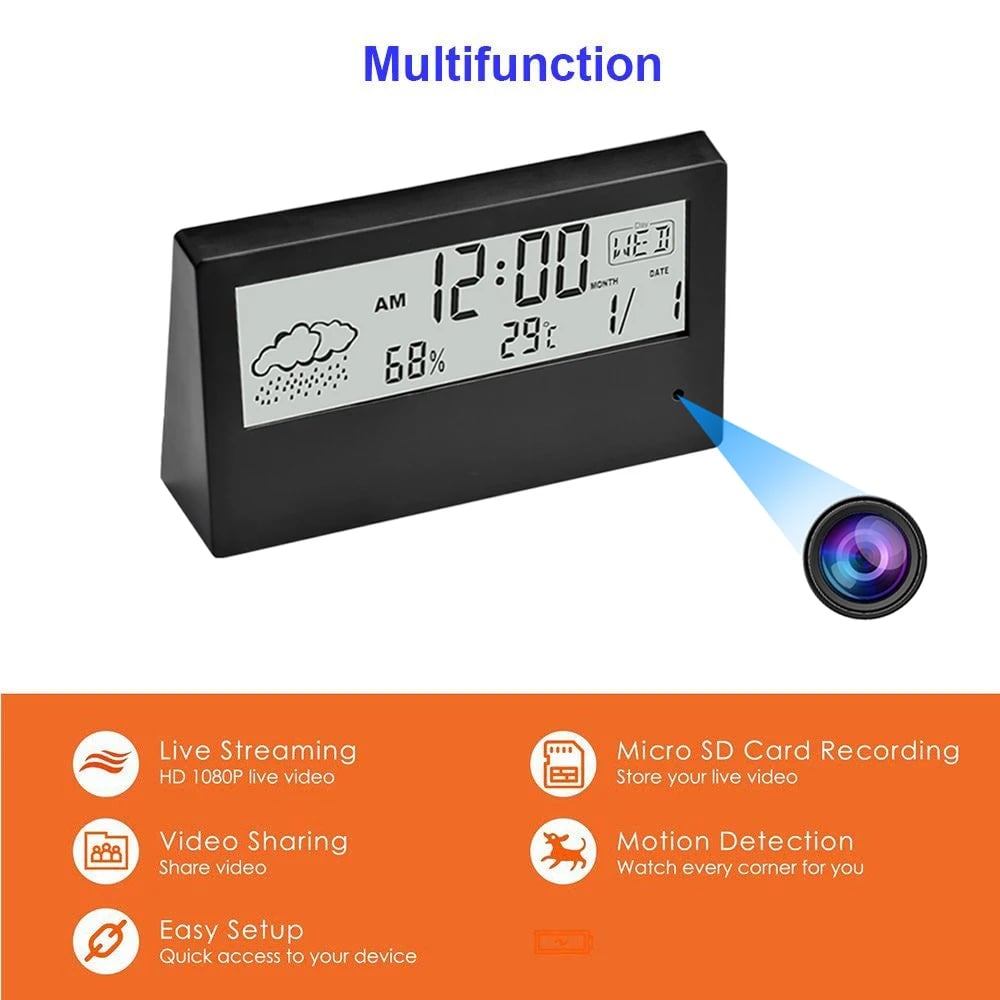 HD 1080P Wifi Alarm Clock Camera With Temperature Humidity Monitor