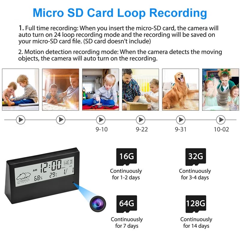 HD 1080P Wifi Alarm Clock Camera With Temperature Humidity Monitor