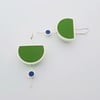 Silver Eclipse Drop Earrings in Emerald Green with Blue  Stoppers - Made to Order