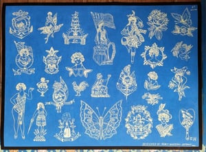 Image of 1920s percy waters blue print antique tattoo flash sheet H 18x24 giclee print