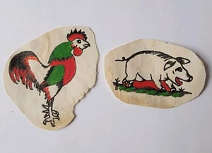 Image of  2 original antique 1940s tattoo flash rooster pig hog sailor cuts folk art texas