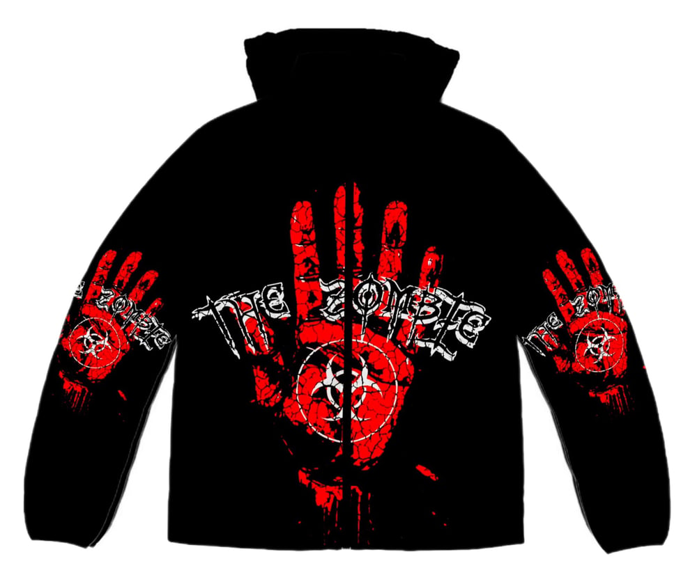 Image of THE ZOMBIE YDTHEILLEST PUFFER JACKET BLACK AND RED